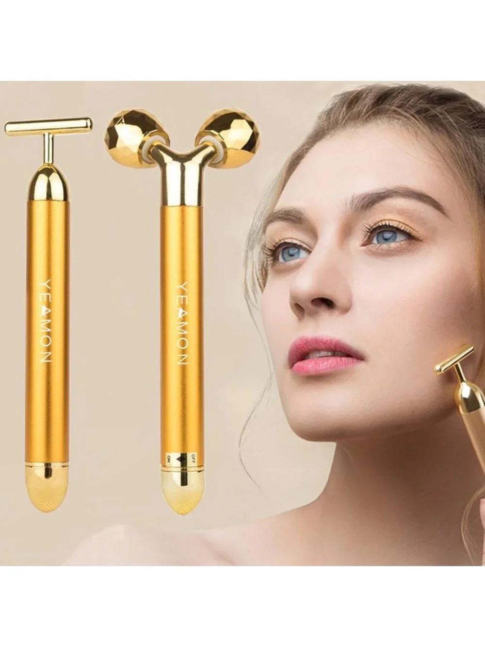 2-in-1 Golden Facial Massager & 3D Roller - Electric Skin Care Tool for Face